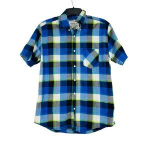 Aeropostale Mens Plaid Short Sleeve Button-Up Shirt M Blue & Green Cotton Casual